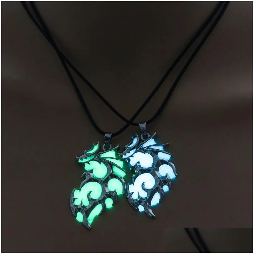 magic glowing flame dragon necklace for men women glow in the dark pendant leather rope chain luminous vintage party jewelry gift