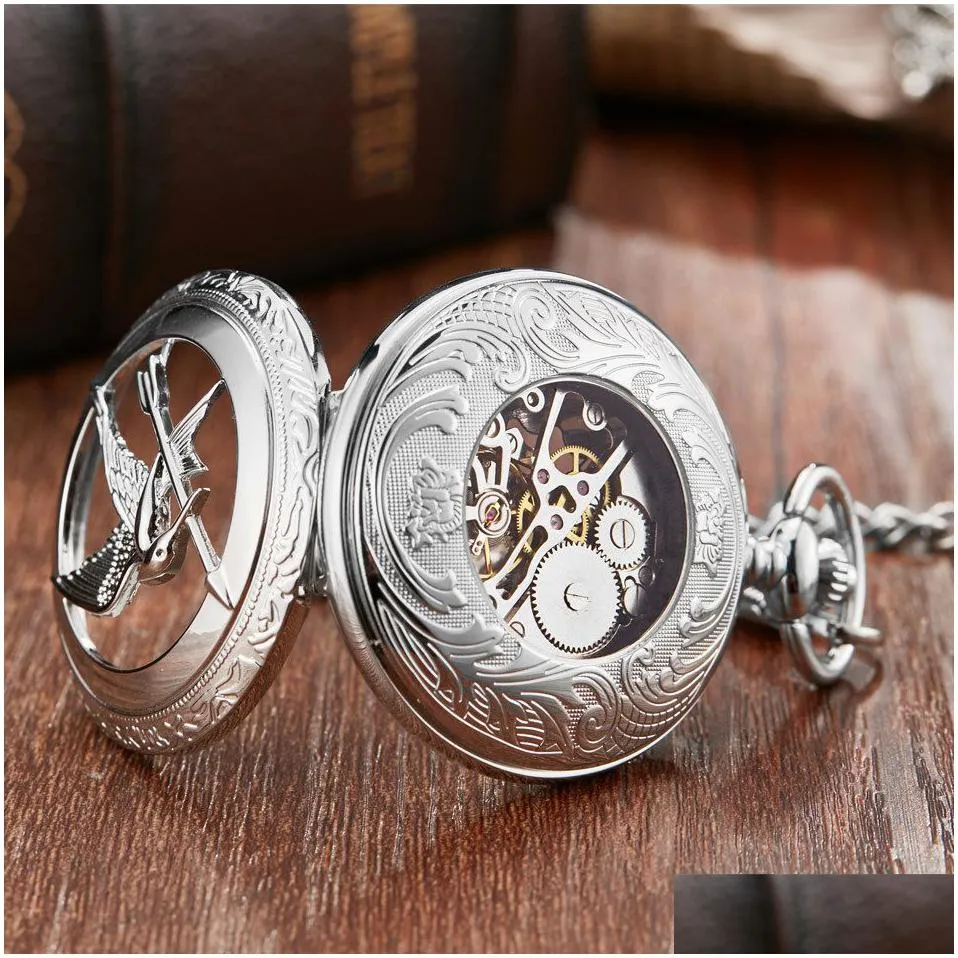 retro vintage hollow the hunger games mockingjay mockingbird quartz pocket watch necklace chain fashion silver relogio de bolso