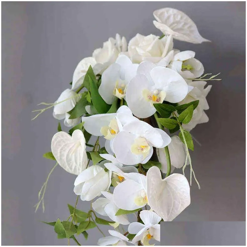 faux floral greenery 4 pieces real touch artificial pu flowers anthurium christmas wedding home decor luxury fake plants orchid flowers accessories white