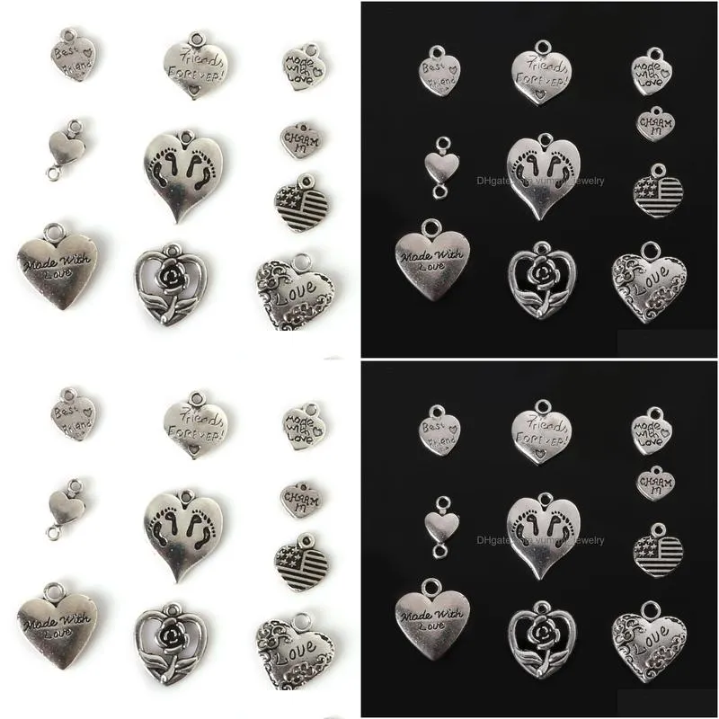 free shipping new 117pcs mixed tibetan silver plated heart love charm pendant statement jewelry making diy handmade jewellery mix lots