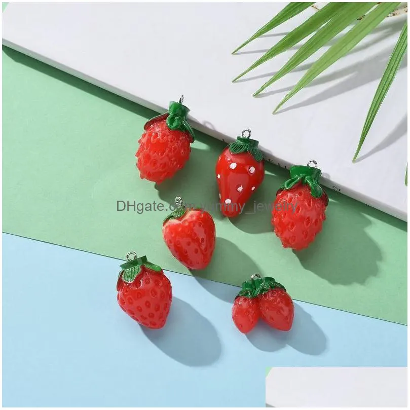 charms 25pcs 5 sizes resin strawberry pendants with platinum tone iron loops imitation food redcharms