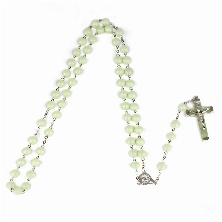 glow in the dark cross rosary necklace for women luminous catholic beads religious jesus crucifix pendant necklace jewelry