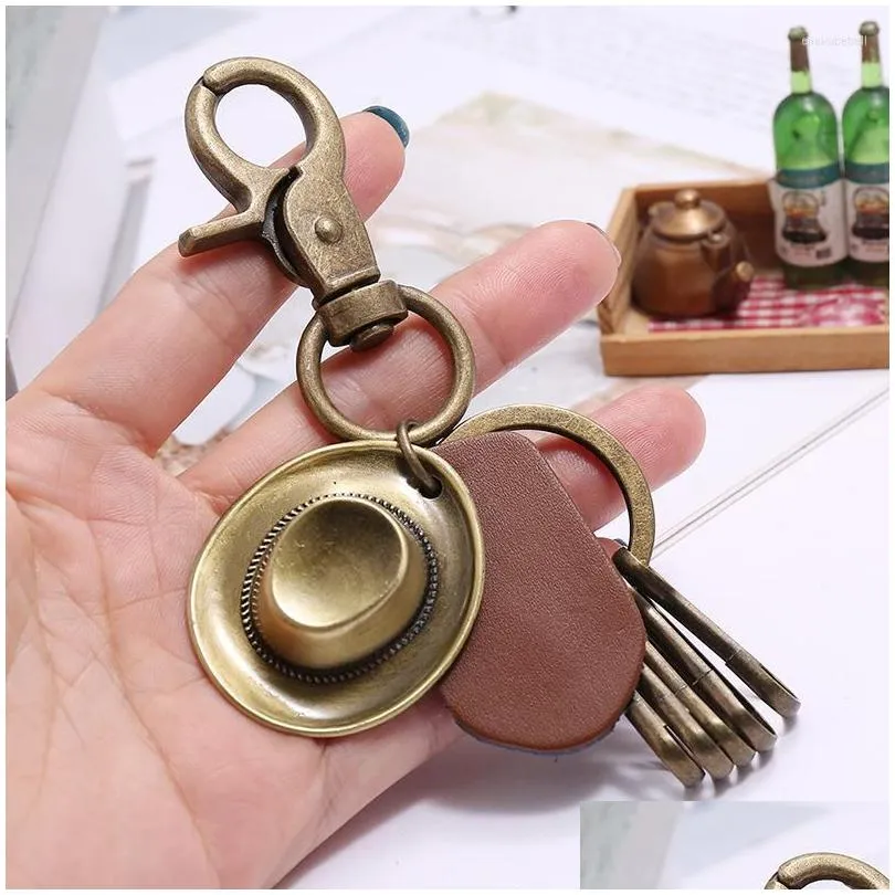 keychains vintage bronze  hat charm multi-hanging ring brown leather pendant keyrings accessories fashion jewelry gifts