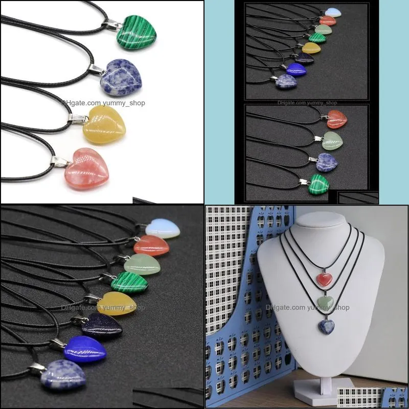 heart shape stone crystal quartz opal pendant necklace leather chains for men women fashion jewelry