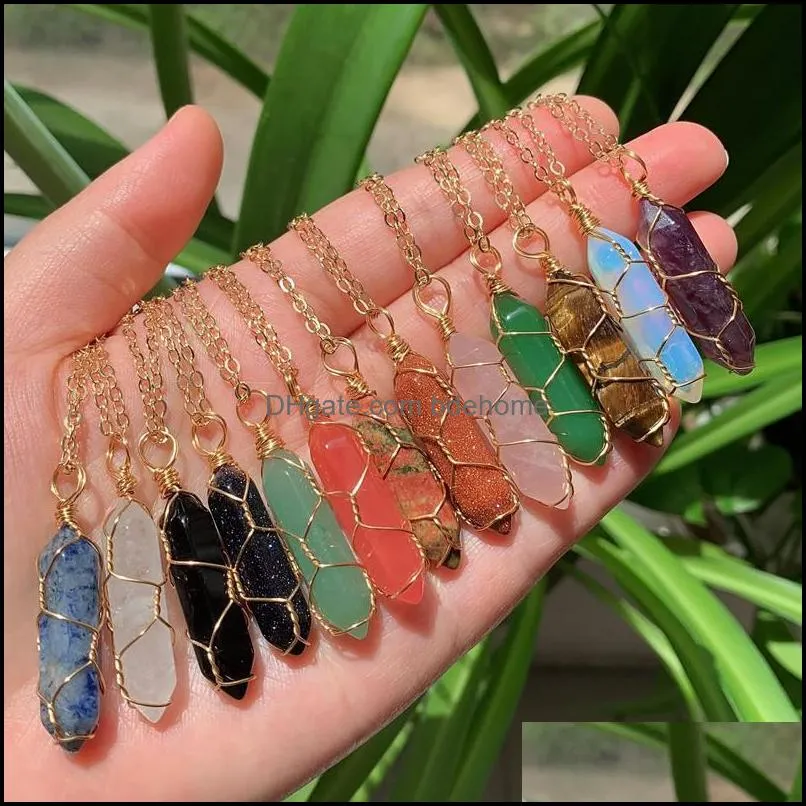 wire wrap reiki healing crystal stone pendant chakra rose tiger eye gold choker necklaces wholesale energy pendants necklace jewelry