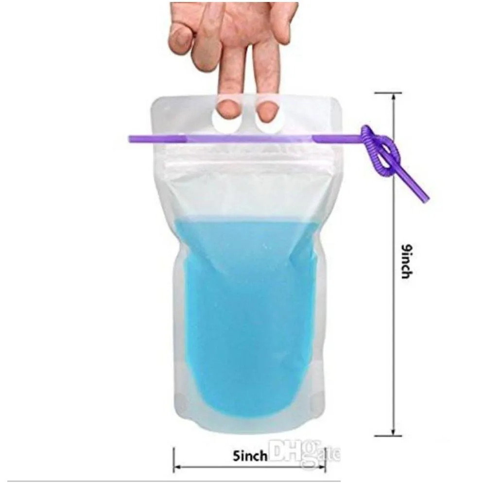 100pcs clear drink pouches bags frosted zipper standup plastic drinking bag with straw with holder reclosable heatproof