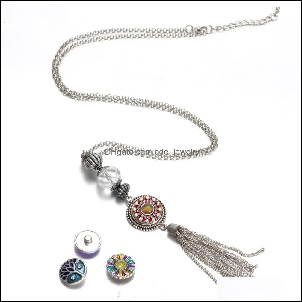 snap button jewelry long chain tassel rhinestone pendant fit 18mm snaps buttons necklace for women men noosa