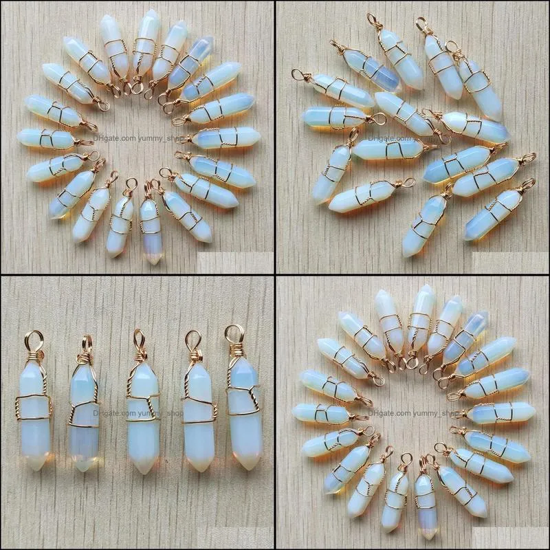 opal stone pillar shape point pendulum charms handmade iron wire pendants for fashion jewelry making wholesale