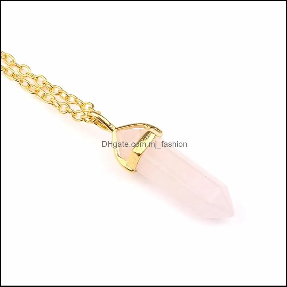 gold hexagonal pointed reiki natural stones turquoise pink quartz pillar charms pendant necklace for women men gift accessories