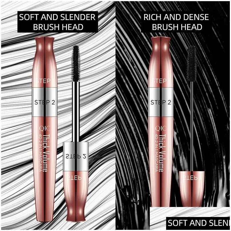 qic 4d mascara double ended black fiber thick volume cruling lengthening rose plating non smudge natural looking coloris gold cosmetic eyes