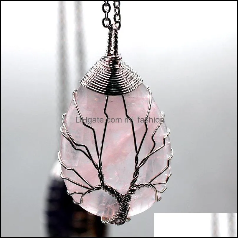 tree of life waterdrop natural stone crystal necklace pink rose quartz chakras teardrop pendant for gift jewelry
