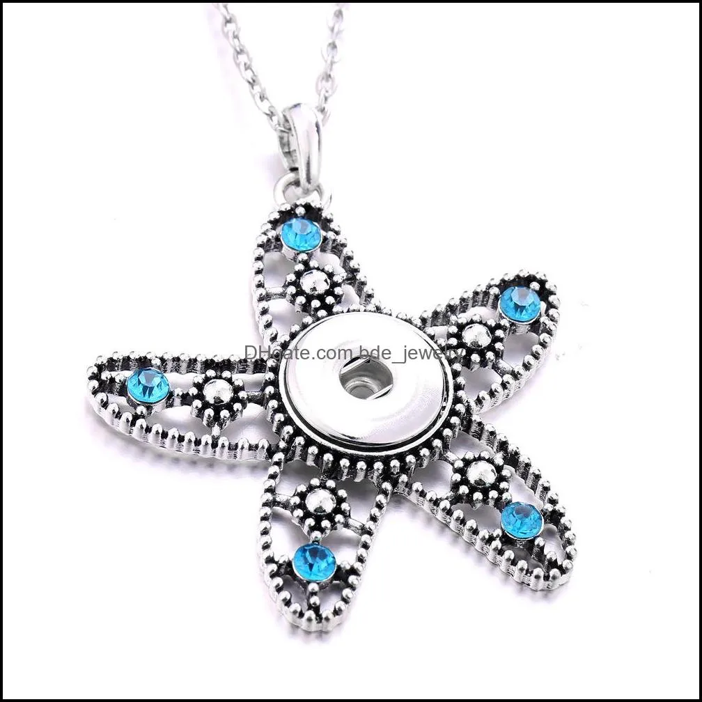 gold silver snap button charms jewelry rhinestone starfish shape pendant fit 18mm snaps buttons necklace for women noosa d336