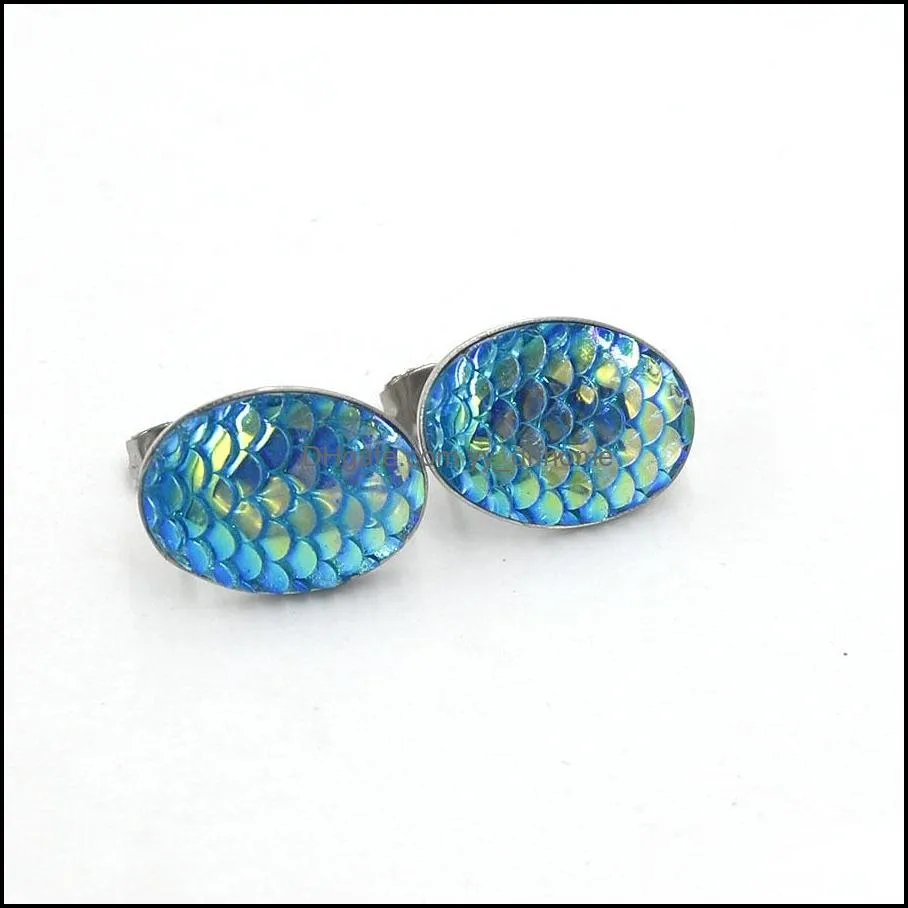 13x18mm oval mermaid fish scale stud earrings stainless steel earings drusy druzy earrings jewelry women party gift dress candy colors