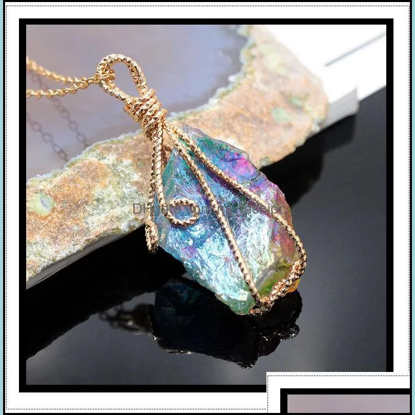 wire wrapped chakra colorful electroplated raw stone quartz pendant healing crystal energy necklaces fashion women men jewelry
