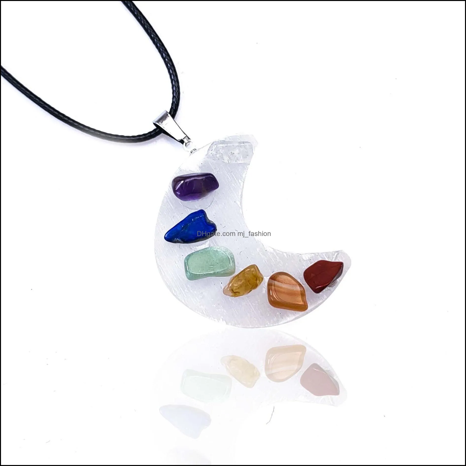 healing gypsum crescent moon stone pendant seven chakra necklace reiki crystal agate for necklaces women jewelry