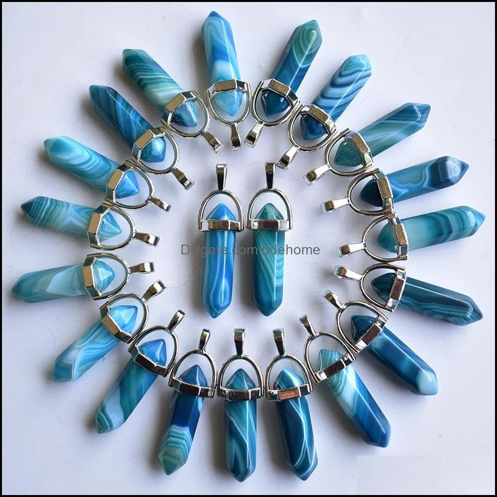 blue stripe agate stone pillar shape charms point chakra pendants for jewelry making