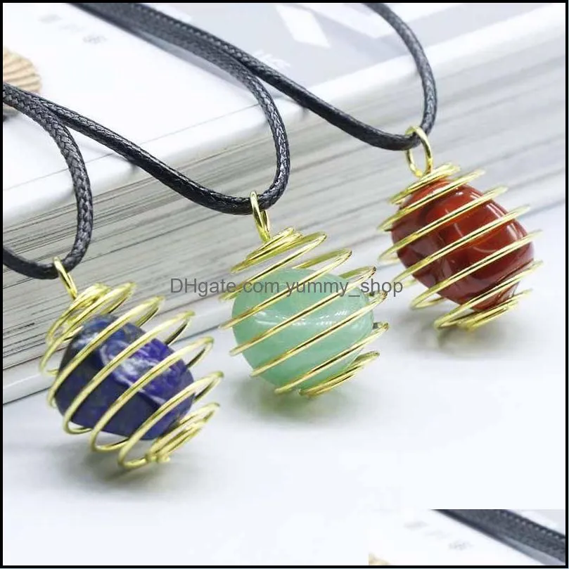 copper wire wrapped ball stone crystal quartz opal pendant necklace leather chains for men women fashion jewelry