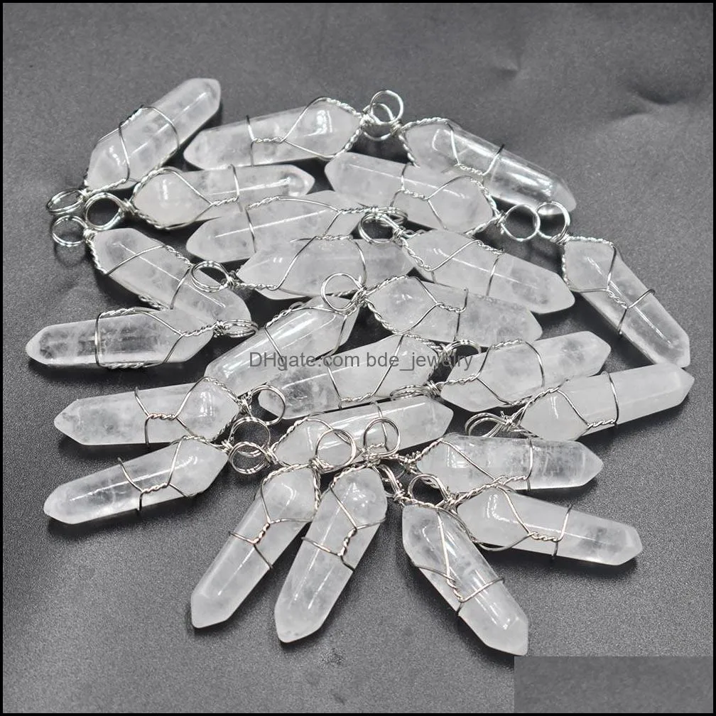 natural stone white crystal hexagonal pillar charms quartz stone chakra handmade iron wire pendants for jewelry making wholesale