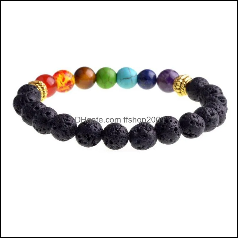 black lava stone jewelry 7 chakra bracelets strands 8mm yinyang rock bead elastic natural stones gemstones yoga menditation beads for men women