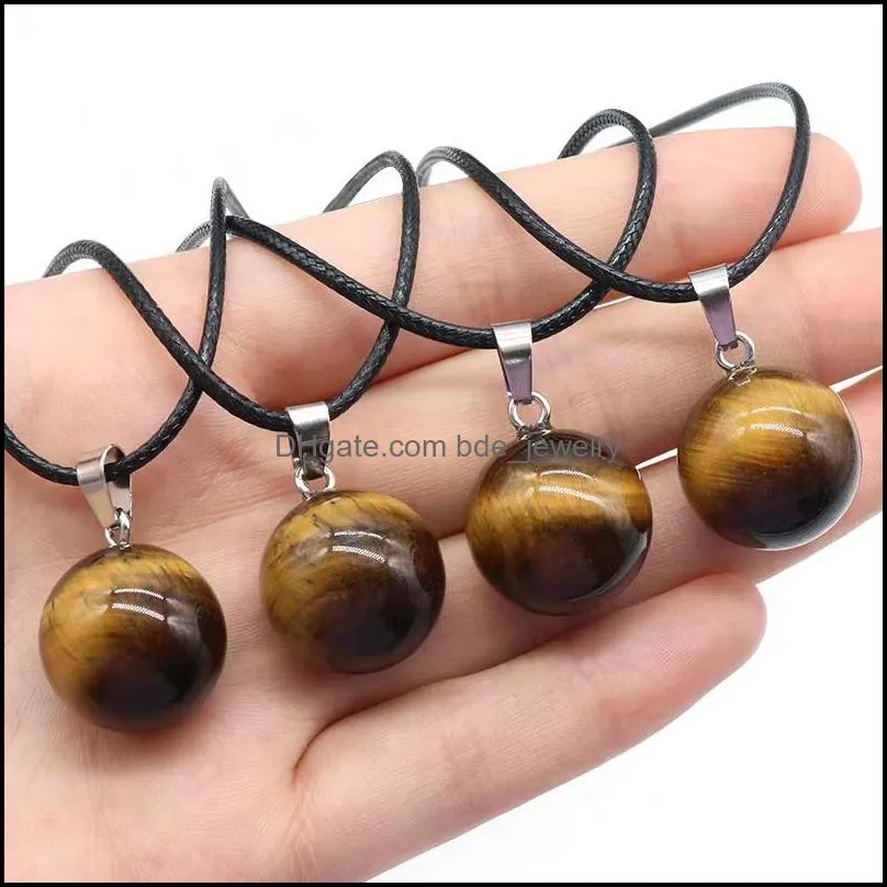 round gemstone pendants necklace natural dangle 14mm ball crystal charms healing chakra stone charm sphere jewelry 45cm black leather