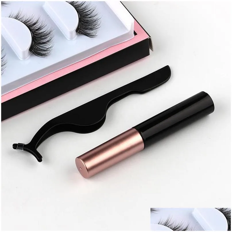3 pairs magnetic liquid eyeliner and false lashes natural fake eyelashes set glue magnet black box coloris wholesale makeup