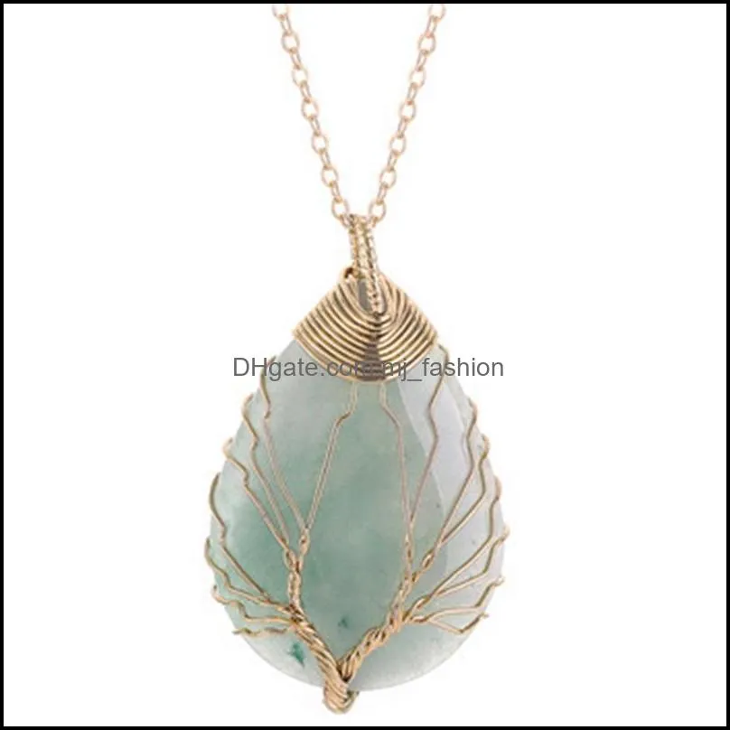 wire wrapped tree of life chakra waterdrop pendant healing crystal energy stone quartz necklaces fashion women men jewelry wholesale