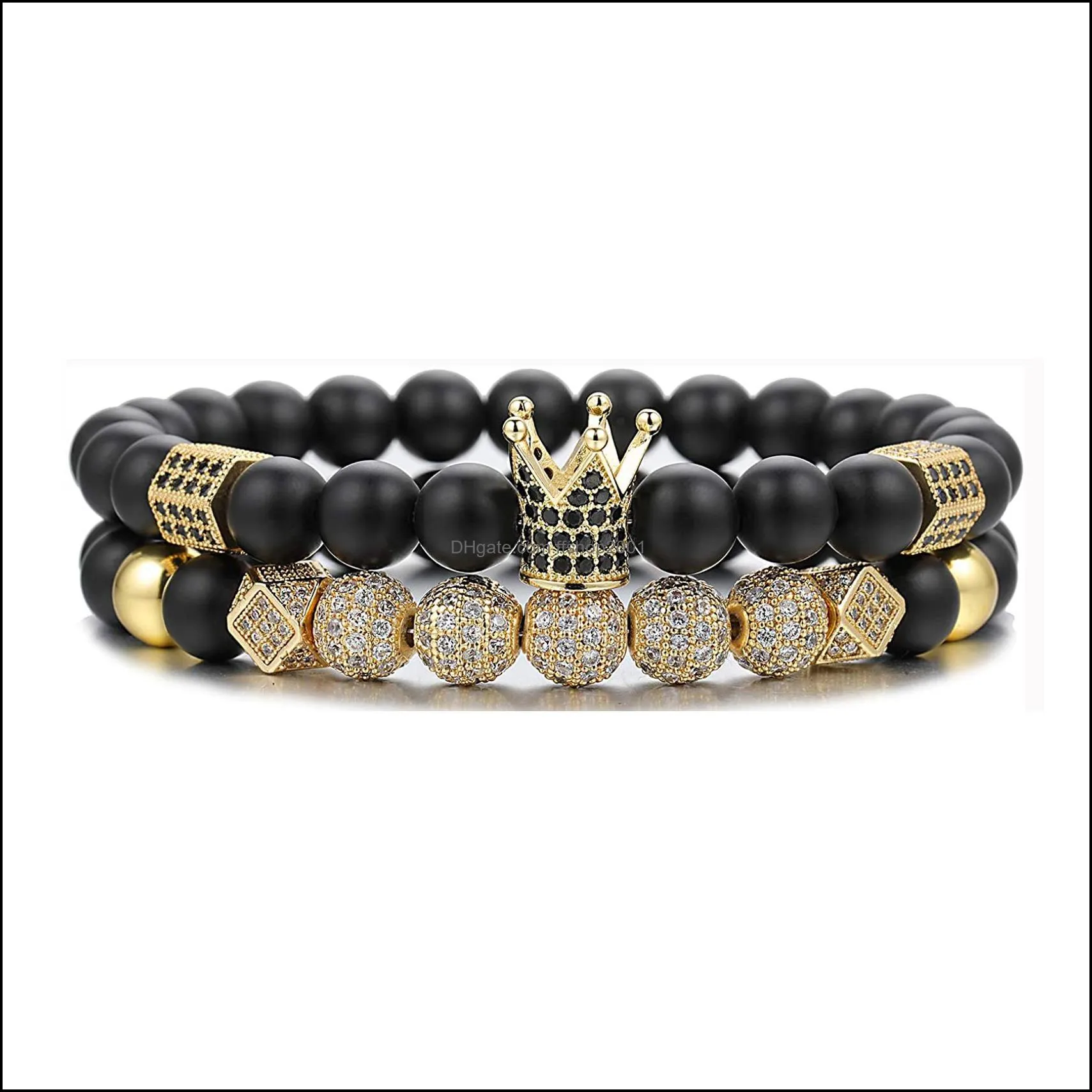2pcs couple friendship black matte beads bracelets 8mm onyx stone bracelets sets charm king crown for women men jewelry