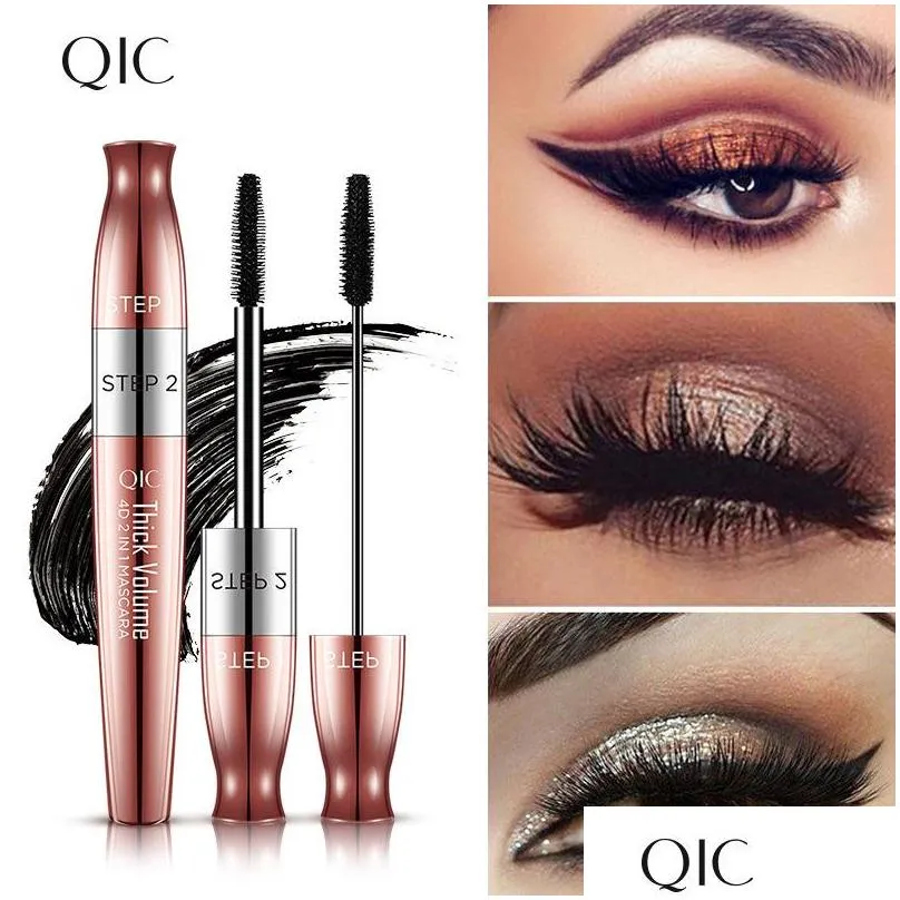 qic 4d mascara double ended black fiber thick volume cruling lengthening rose plating non smudge natural looking coloris gold cosmetic eyes