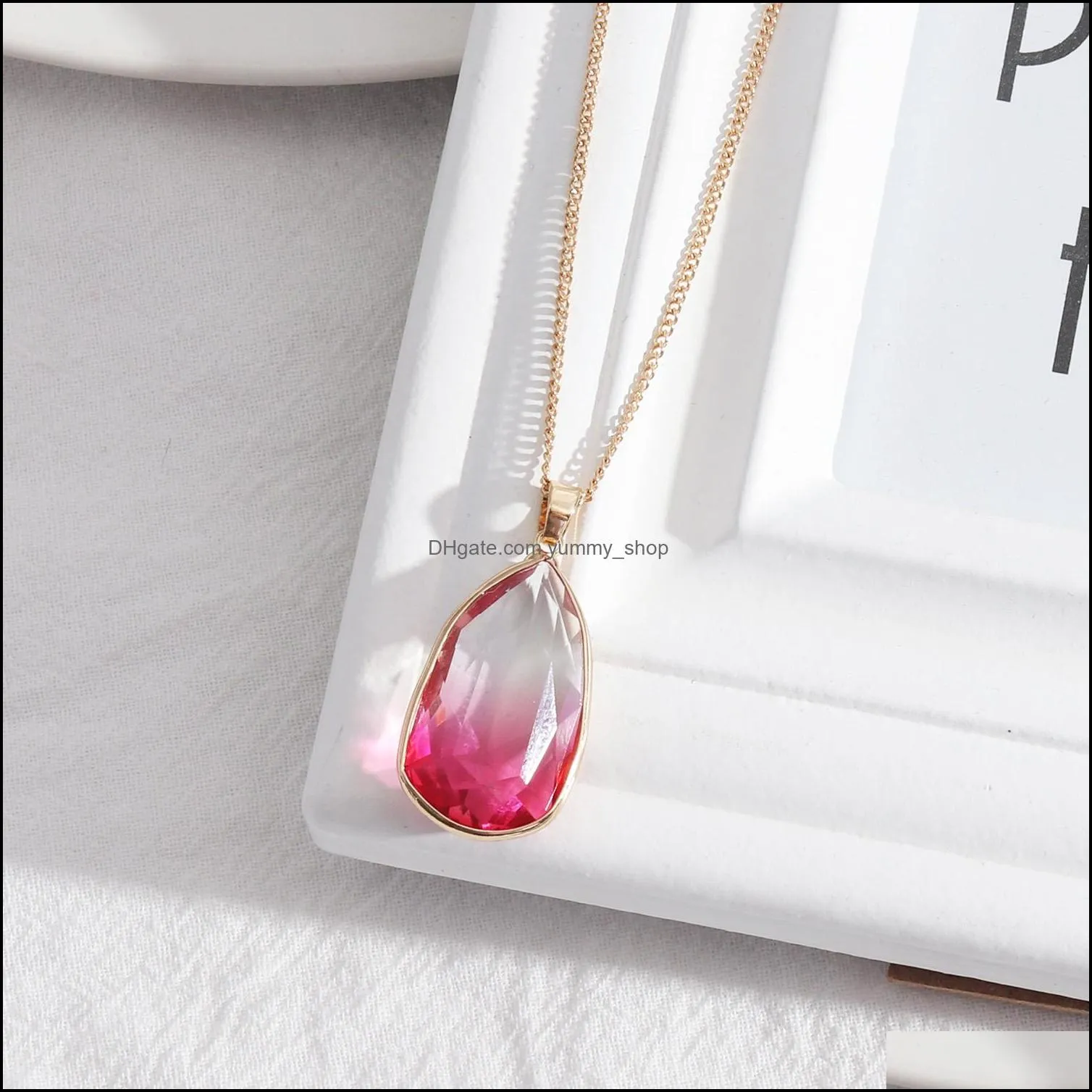 waterdrop facet colorful glass pendant necklaces geometric charms 50cm gold chain accessories body jewelry
