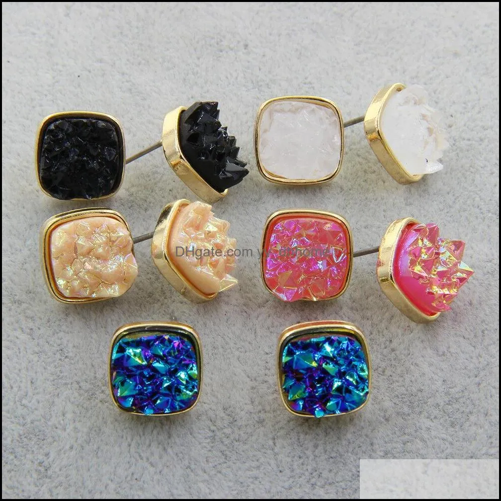 teardrop square round druzy drusy earrings gold plated mini resin stud earrings christmas gift