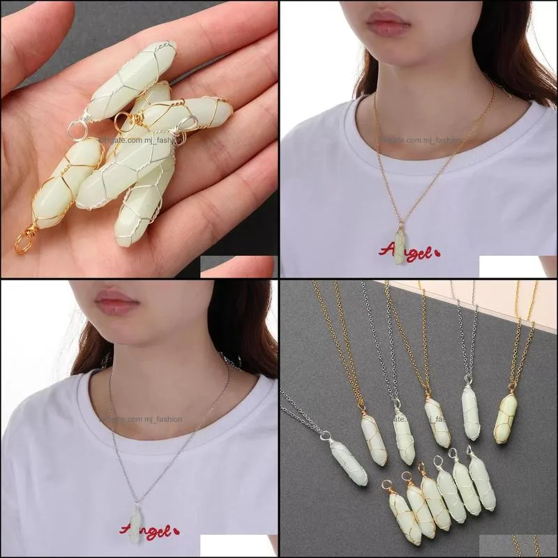 hexagonal cylindrical crystal stone necklace glow in the dark luminous wire wrap stones pendant necklaces jewelry gift for women men