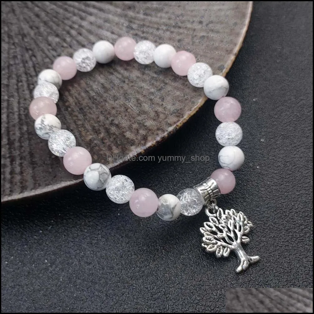  tree charms chakras bracelet white pink stone beads women men lover energy buddha bracelets christmas jewelry gift