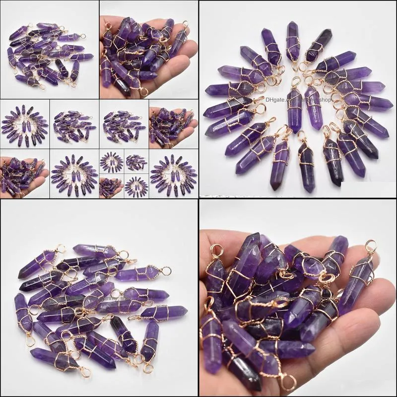 amethyst stone pillar shape point pendulum charms handmade gold color iron wire pendants for fashion jewelry making wholesale