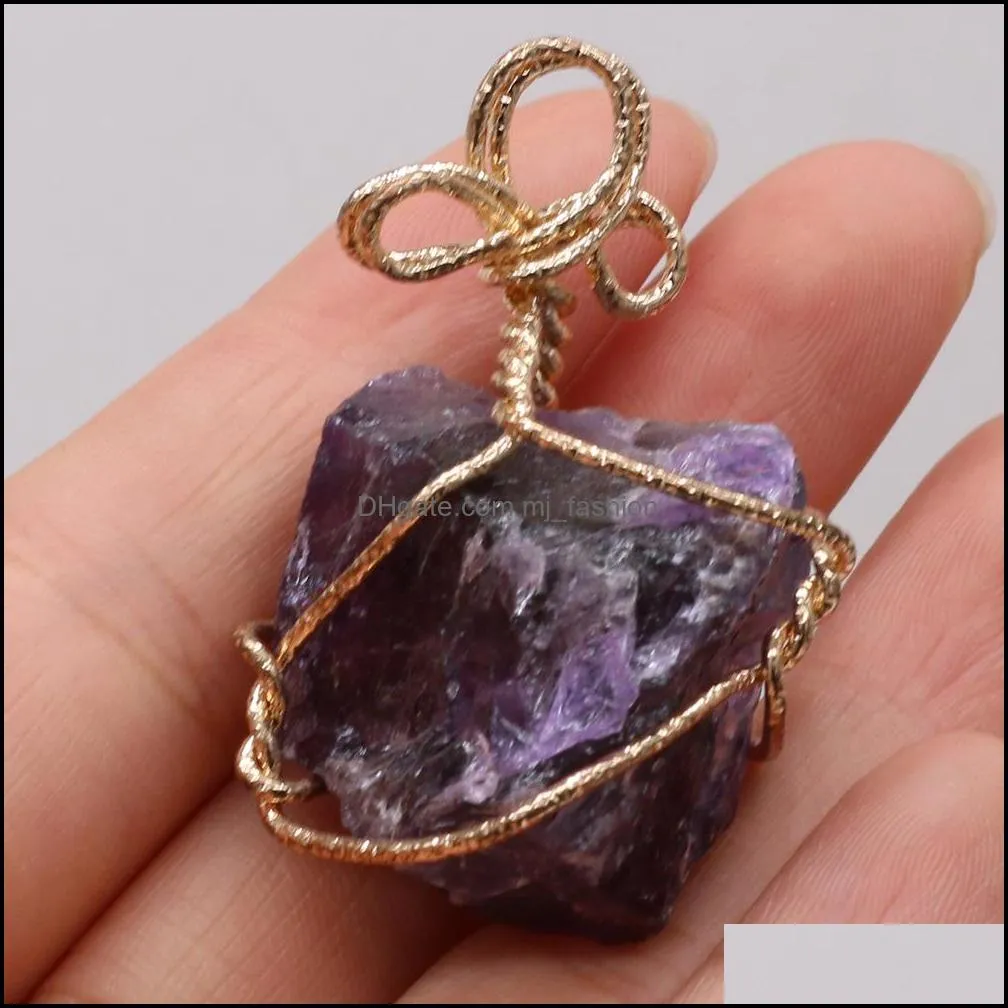 irregular wire wrapped pendant natural rawstone healing crystal amethyst stone pendants diy necklace women gift jewelry