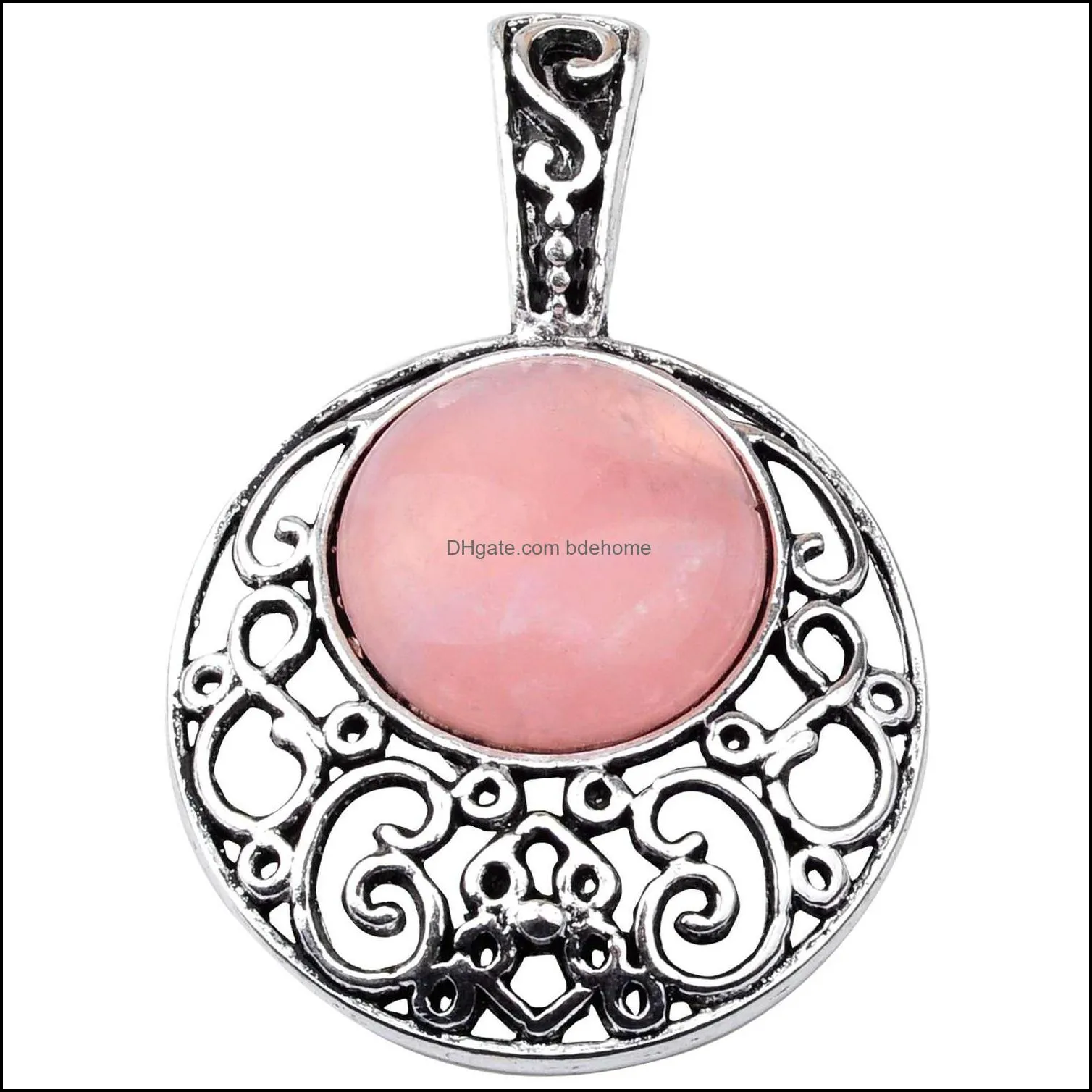 semi precious stone rose quartz pendants 40mm plated silver alloy 20mm cabochon crystal women necklace jewelry 60cm chain