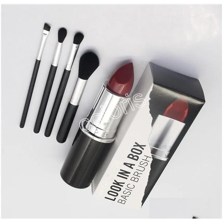 professional makeup brushes 4 pcs set look in a box baic brushes black synthetic cosmetic kit with big lipstick shape holder