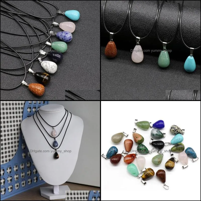 waterdrop stone crystal quartz opal pendant necklace leather chains for men women fashion jewelry