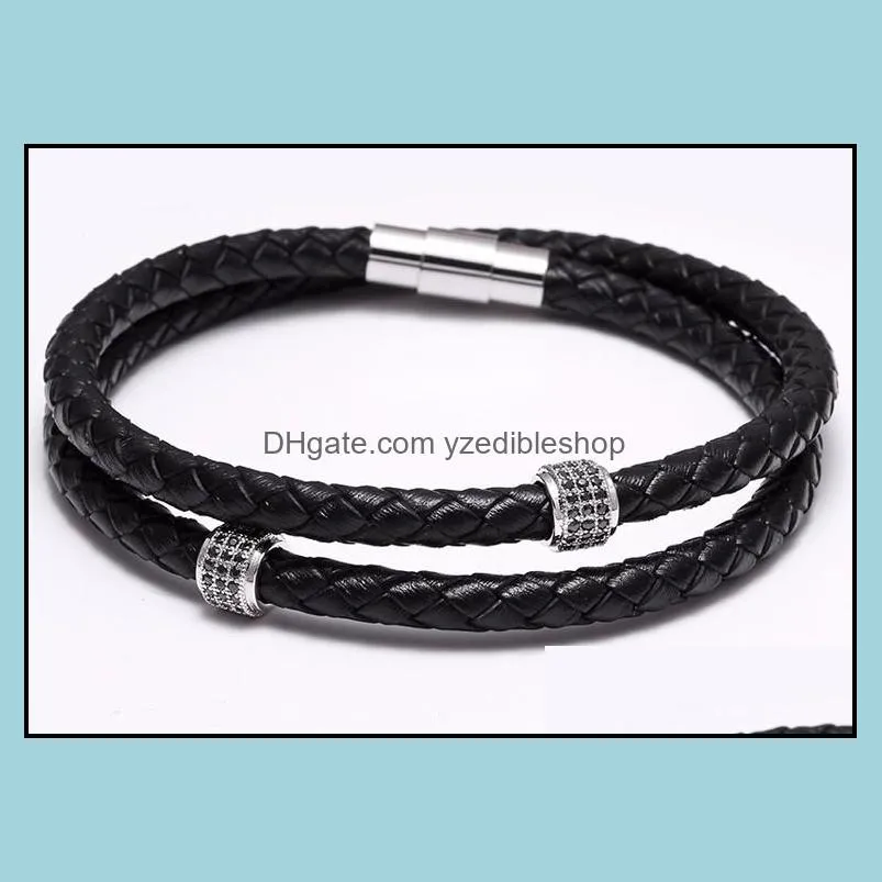 fashion 10pc/set braided zircon leather bracelet for men stainless steel bangle with magnetic clasp handmade jewelry