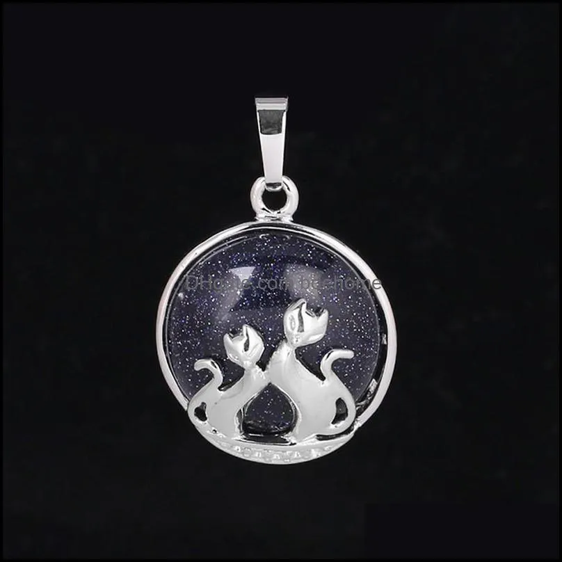 cute crystal double cat play double side pendant necklace natural stone moon couple jewelry gift female animal necklace