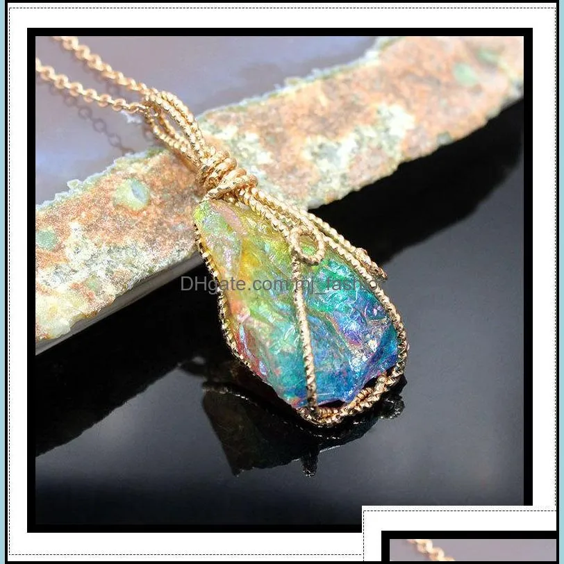 wire wrapped chakra colorful electroplated raw stone quartz pendant healing crystal energy necklaces fashion women men jewelry