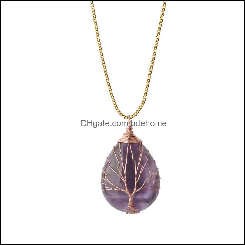 tree of life wire wrap water drop necklace pendant natural gem stone diy jewelry making