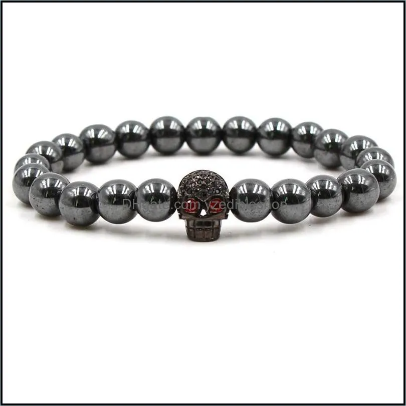 fashion 10pc/set wholesale quality bead stone with black skull macrame bracelet for men