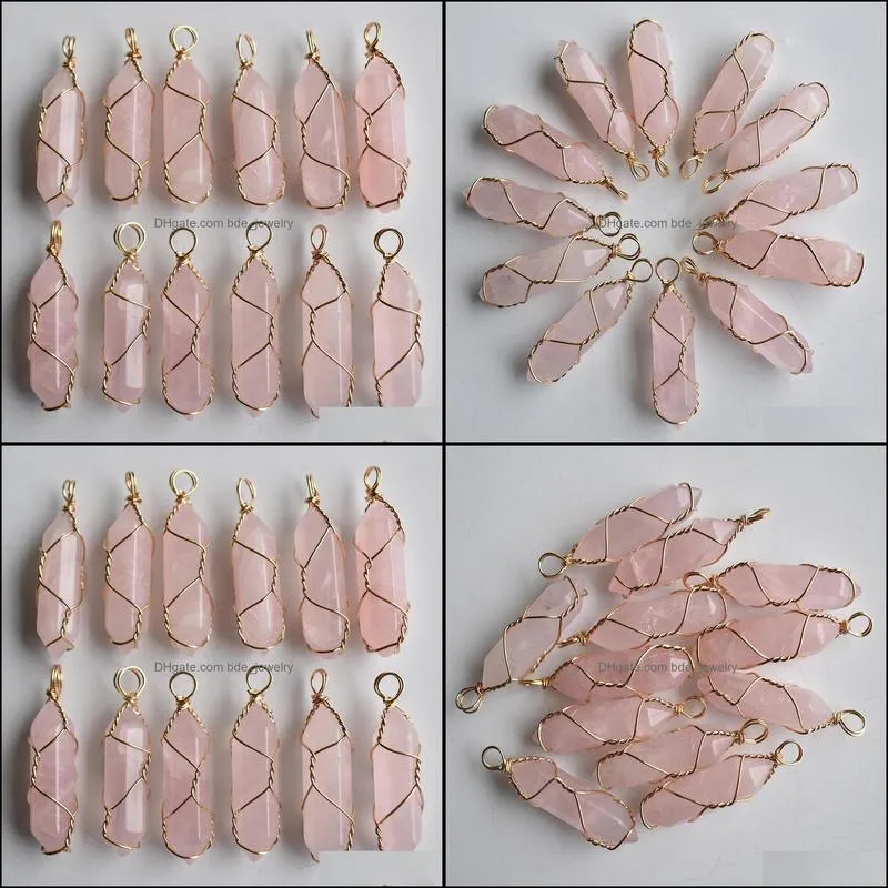 natural stone pink hexagonal pillar charms rose quartz stone chakra handmade gold iron wire pendants for jewelry making wholesale