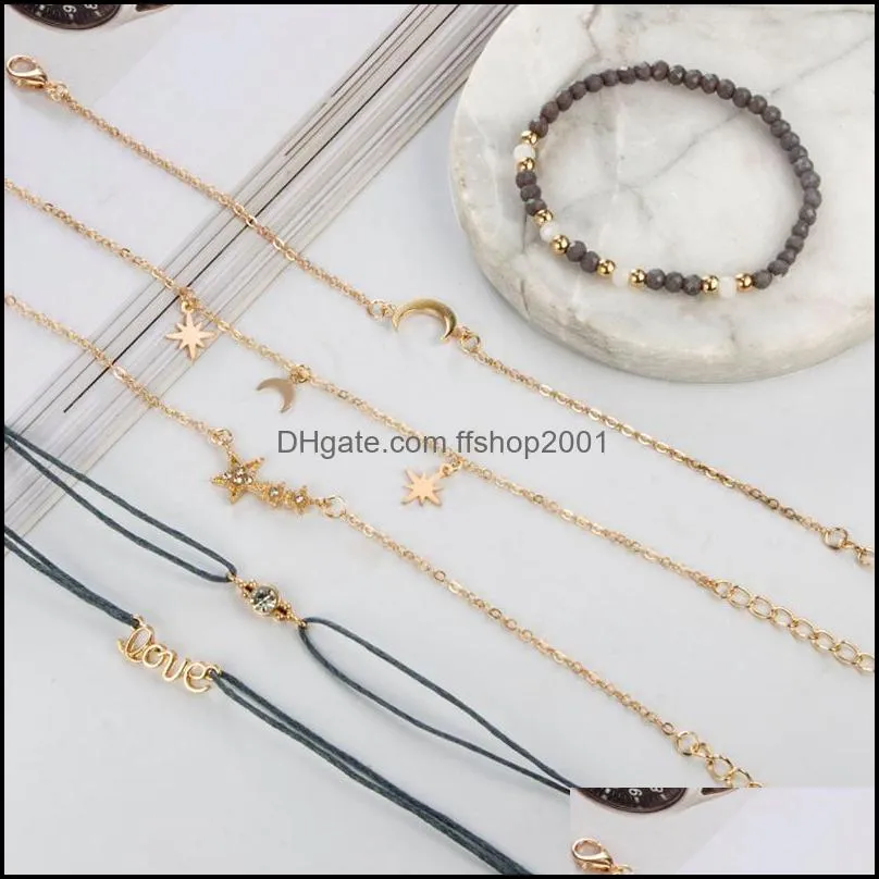 6pcs fashion simple love fivepointed star moon combination natural stone chain bead bracelet set handmade bohemian adjustable rope