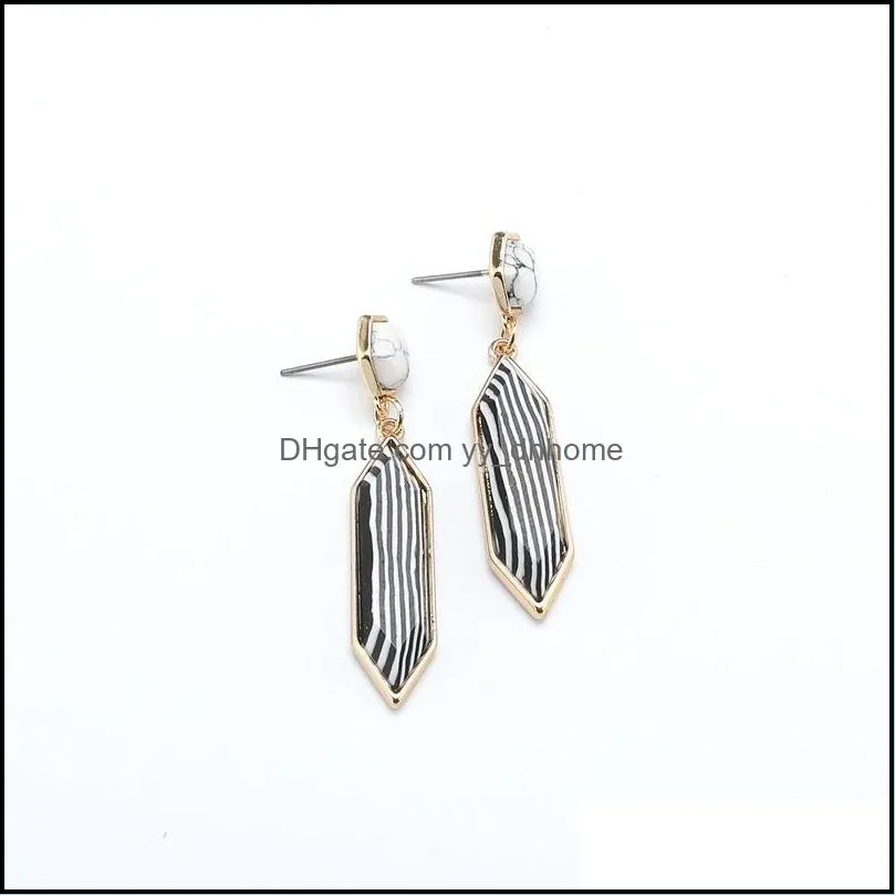 gold color turquoise metal hexagon zebra black stripe stone stud earrings for women jewelry