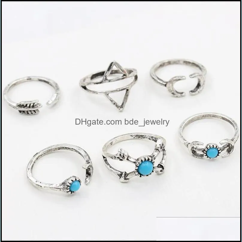 retro openwork flower gems geometry 7 piece set turquoise moon arrow loop fashion ring set bohemian stackable set for female girls