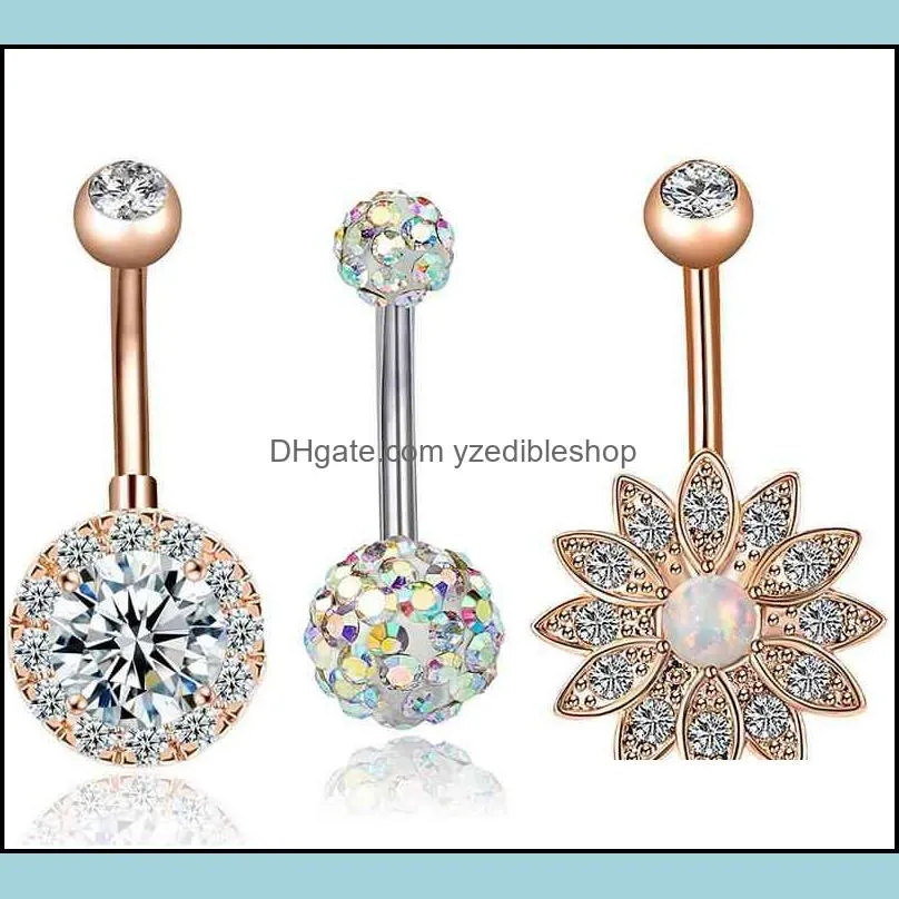 style 3 pieces 14g stainless steel belly button ring barbell navel ring lady flower body perforation