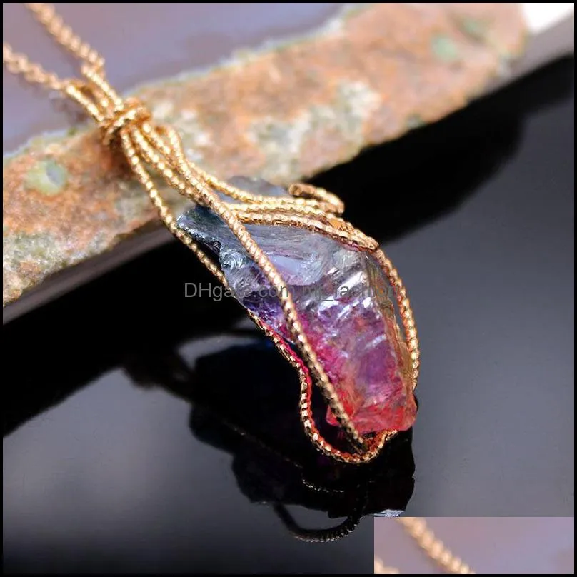 wire wrapped chakra colorful electroplated raw stone quartz pendant healing crystal energy necklaces fashion women men jewelry