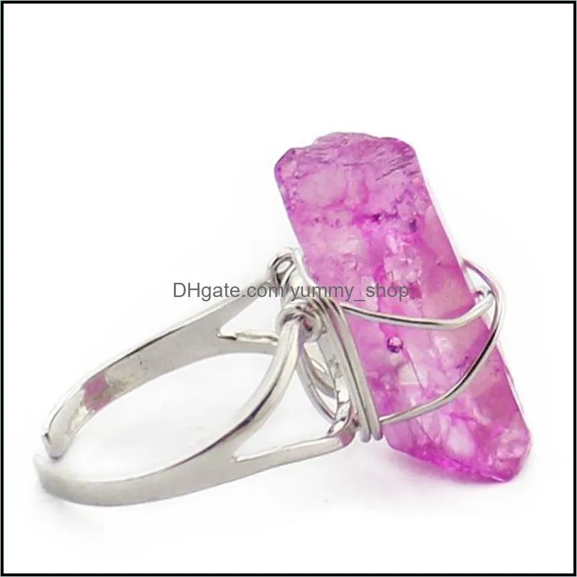 wire wrapping raw stone plated rings druzy healing crystal quartz healing point chakra stones charms opening ring for women men