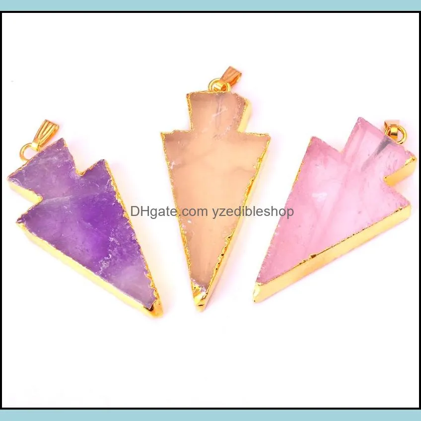 raw natural gem stone gilding arrowhead pendant necklace rose quartz amethyst